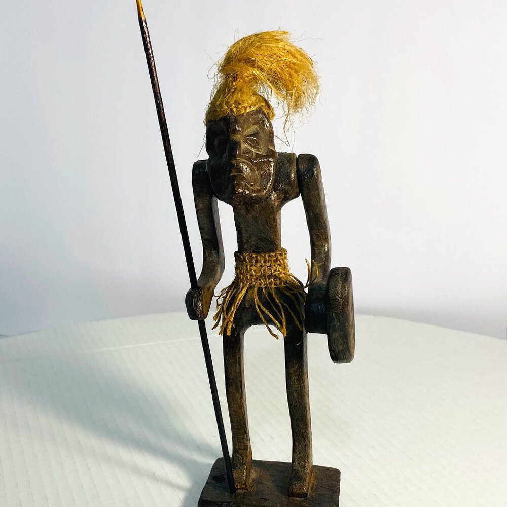 Rare & Old Primitive Java Warrior Wooden Carving and Jute Tribal Sculpture 10"